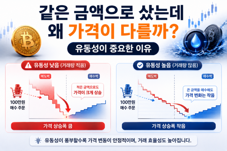같은 금액으로 샀는데 왜 가격이 다를까? 유동성이 중요한 이유 9 암호화폐 유동성에 따라 같은 금액의 매수 주문이 가격에 미치는 차이를 표현한 이미지