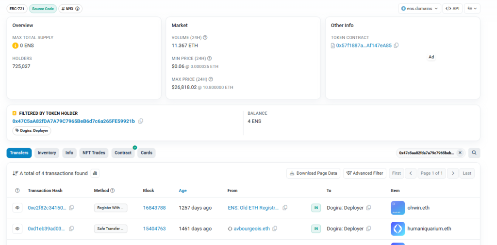 NFT는 왜 디지털 원본으로 인정받을까? 쉽게 이해하기 1 Etherscan에서 ENS NFT의 ERC-721 계약 주소와 소유 및 이전 기록을 확인하는 화면