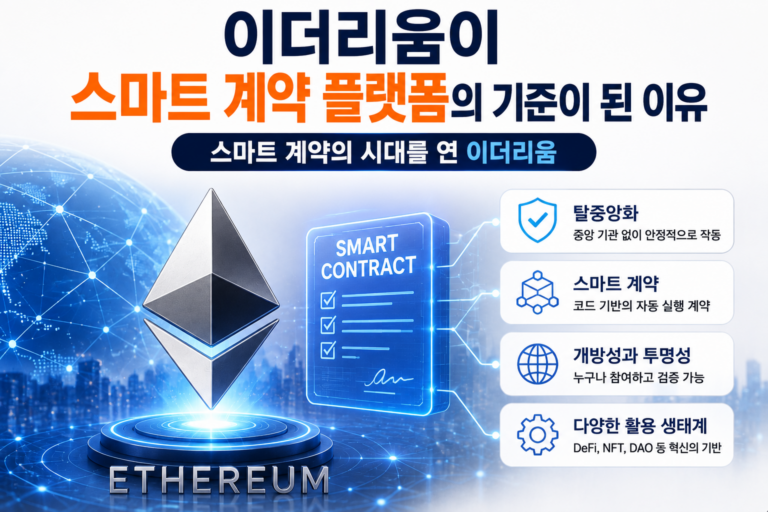 이더리움이 스마트 계약 플랫폼의 기준이 된 이유를 표현한 이미지