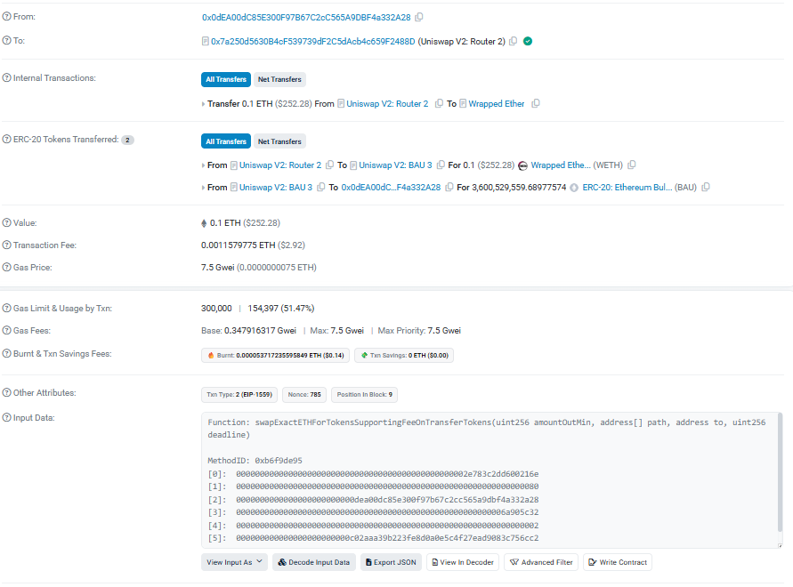 Etherscan 거래 상세 화면에서 Transaction Fee와 Gas Price, Gas Limit 사용량을 확인하는 이미지