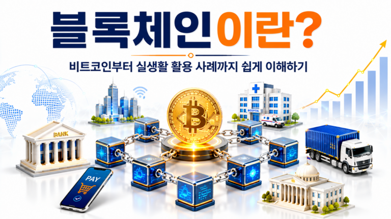 블록체인의 원리와 비트코인부터 금융, 의료, 물류 등 실생활 활용 사례를 표현한 프리미엄 대표 이미지