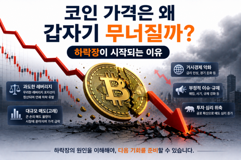 코인 가격은 왜 갑자기 무너질까? 하락장이 시작되는 이유 1 코인 가격 하락과 암호화폐 하락장이 시작되는 원인을 표현한 이미지